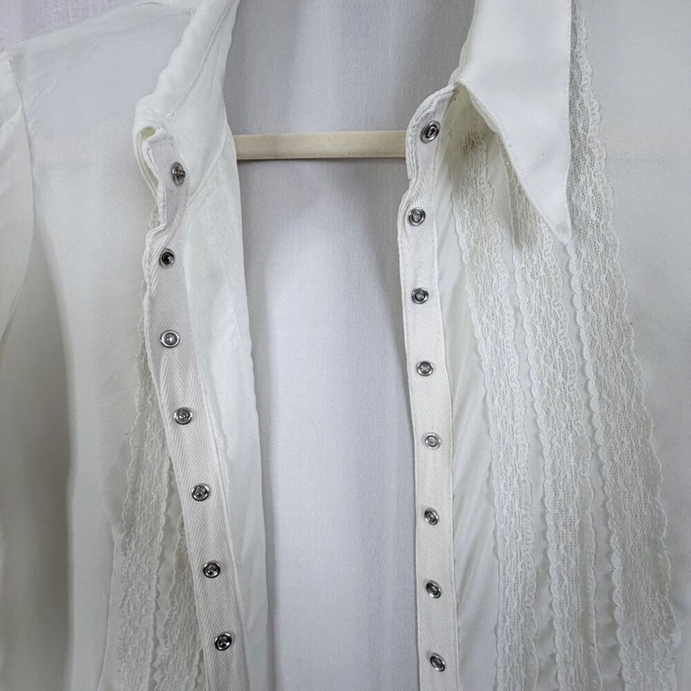 cream sheer lace women's blouse hidden snap front victorian edwardian poet top - Picture 4 of 11